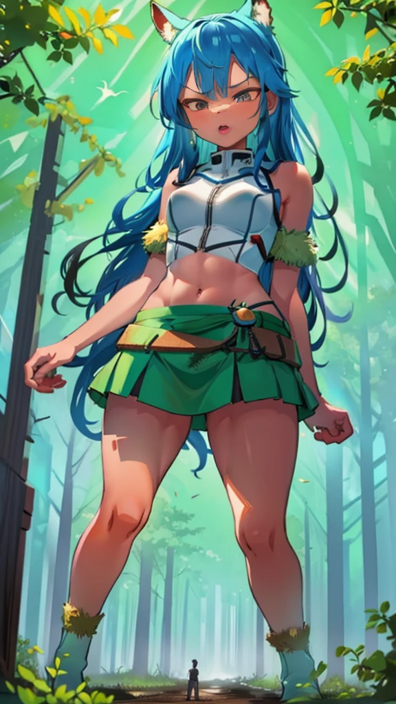 In a forest of large trees there is an even larger Amazonian giantess, with brown skin, black hair, thin, with clothes of the forest, and with very long legs, she is looking for small human invaders of the forest to destroy them so that they do not disturb the peace of the forest. Giantess, goddess, hot, black skin, tall legs, sexy, tiny people, tiny humans, crush, forest, trees, standing, group of small people, slim body, too mani small people, angry, gore