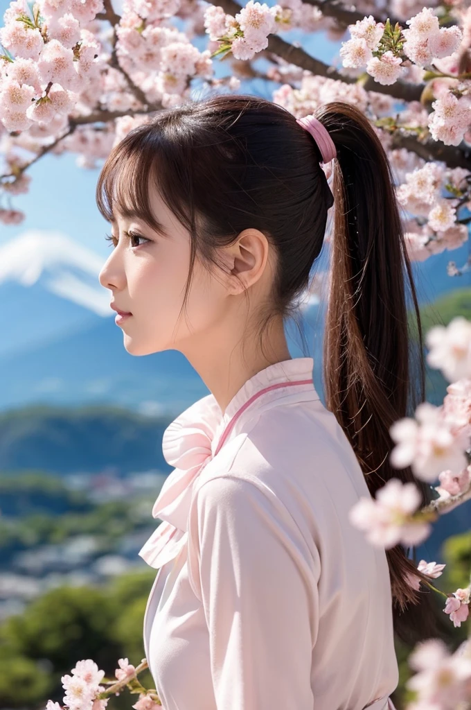 Fuji Mountain　cherry blossoms　Beauty　ponytail　Photo style