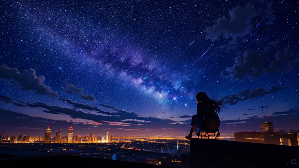octans, sky, star (sky), scenery, starry sky, night, 1girl, night sky, solo, outdoors, signature, building, cloud, milky way, sitting, tree, long hair, city, silhouette, cityscape