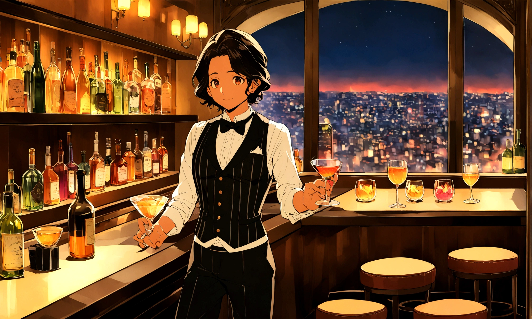 Create a vibrant and detailed image in the style of Studio Ghibli. The central focus of the image should be a miniature dachshund dressed as a bartender, exuding charm and sophistication. The setting is a luxurious bar in Roppongi, Tokyo, with an elegant and upscale atmosphere.

The bar interior should feature rich, warm tones with polished wood and sophisticated decor. A large window behind the bar offers a breathtaking view of Tokyo's night skyline, with twinkling city lights and iconic buildings visible in the distance. The scene should capture the glamour and beauty of a high-end Roppongi bar.

In one corner of the bar, include a cozy fireplace, adding a warm and inviting glow to the scene. The flames should flicker gently, casting a soft, ambient light that enhances the luxurious ambiance. The bar counter should be adorned with gleaming glassware and bottles, reflecting the soft light from the fireplace and the cityscape outside.

The miniature dachshund, dressed in a perfectly tailored bartender's outfit complete with a bow tie and vest, stands proudly behind the bar, ready to serve. Its expression should convey a sense of professionalism and charm, fitting for the elegant setting.

The overall composition should create a harmonious blend of the adorable dachshund bartender, the opulent bar interior, the stunning night view of Tokyo, and the cozy warmth of the fireplace, all rendered in the enchanting and detailed style of Studio Ghibli.