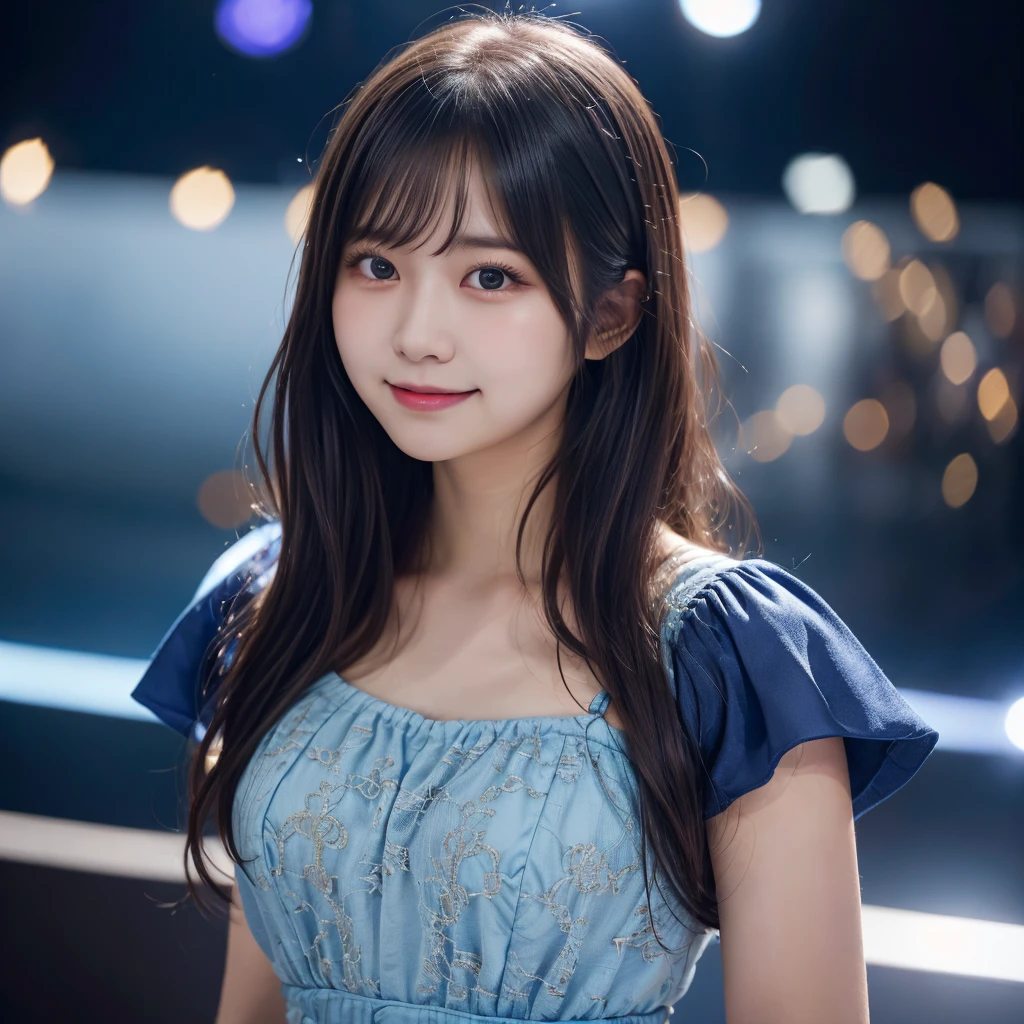 (RAW Photo, Best Quality), (Realistic, Photo Realistic: 1.3), Best Quality, Highly Detailed, Masterpiece, Ultra Detailed, 1 Girl, upper_body, Dynamic Angle, Extremely Detailed CG Unified 8k Wallpaper, Ink, Amazing, Movie upper_body, World Mastery Theater, messy_long_hair, Best Quality, Extremely Detailed CG Unified 8k Wallpaper, Ink, Amazing, Movie Lights, lens_flare, Detailed Face, (Deliberate expression: 1.5), sony master shot, woman posing for photo in front of tv, hi-res screenshot, normal hands, nice studio lighting, vhs screenshot, beautiful fine face, (Japanese teenage girl idol:1.5), performing on stage, (wearing blue-color idol costume:1.5), black short bob hairstyle, smiling,stage background, stage lights, concert setting, not city background
