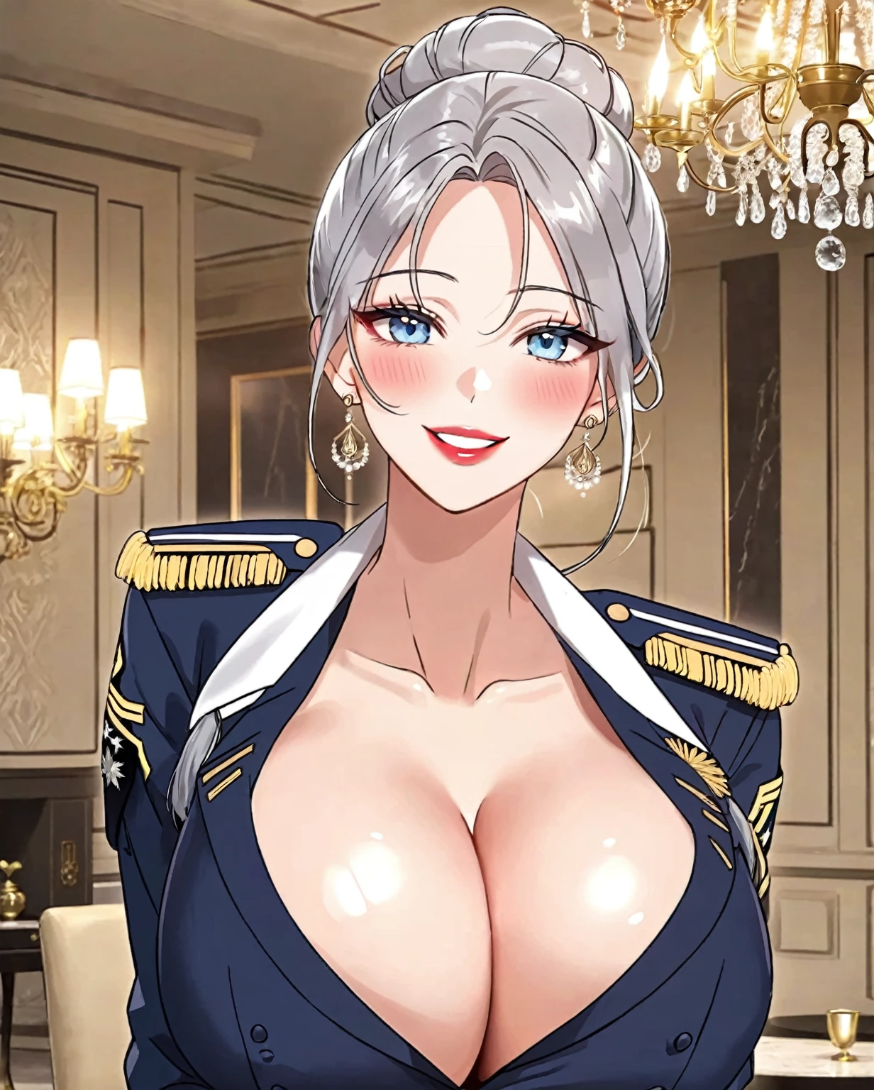 Hot sexy beautiful one women military officer commanding soldier on battlefield,  long silver chandelier earrings,big breasts, ,grey hair ,  hair bun,blush,blue eyes, smiling,red lipstick, military sergeant uniform ,deep cleavage 