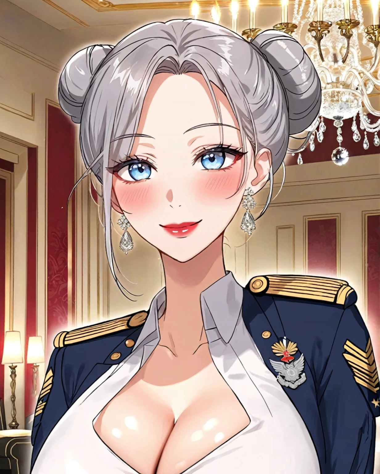 Hot sexy beautiful one women military officer commanding soldier on battlefield,  long silver chandelier earrings,big breasts, ,grey hair ,  hair bun,blush,blue eyes, smiling,red lipstick, military sergeant uniform ,deep cleavage 