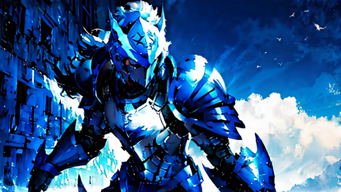 sideways，Male Knight，Blue and white armor，Mask，Knee pads，蓝白色披wind，Spear，wind，aperture，Medieval city，