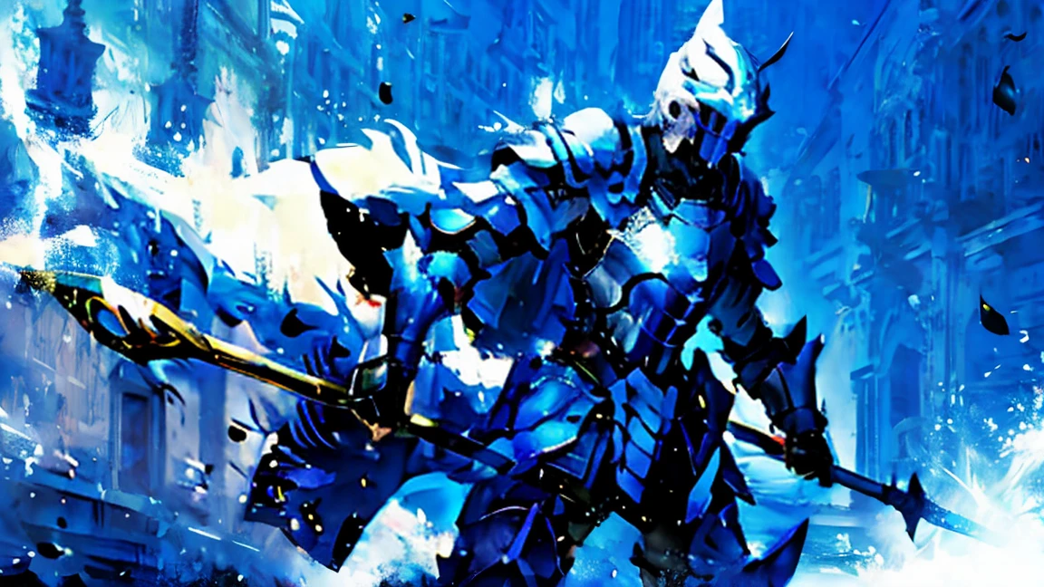 sideways，Male Knight，Blue and white armor，Mask，Knee pads，蓝白色披wind，Spear，wind，aperture，Medieval city，
