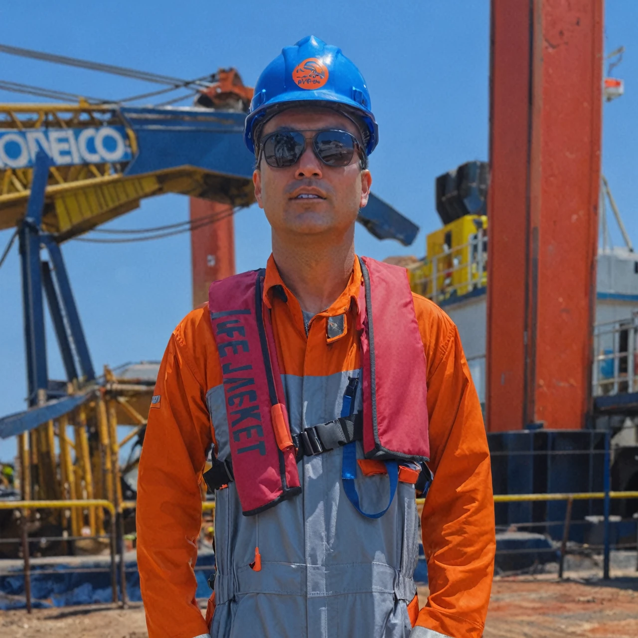 real photo of a man standing wearing a combination of gray and orange wearpack, wearing sunglasses, wearing a blue savety helmet, wearing a red live jacket