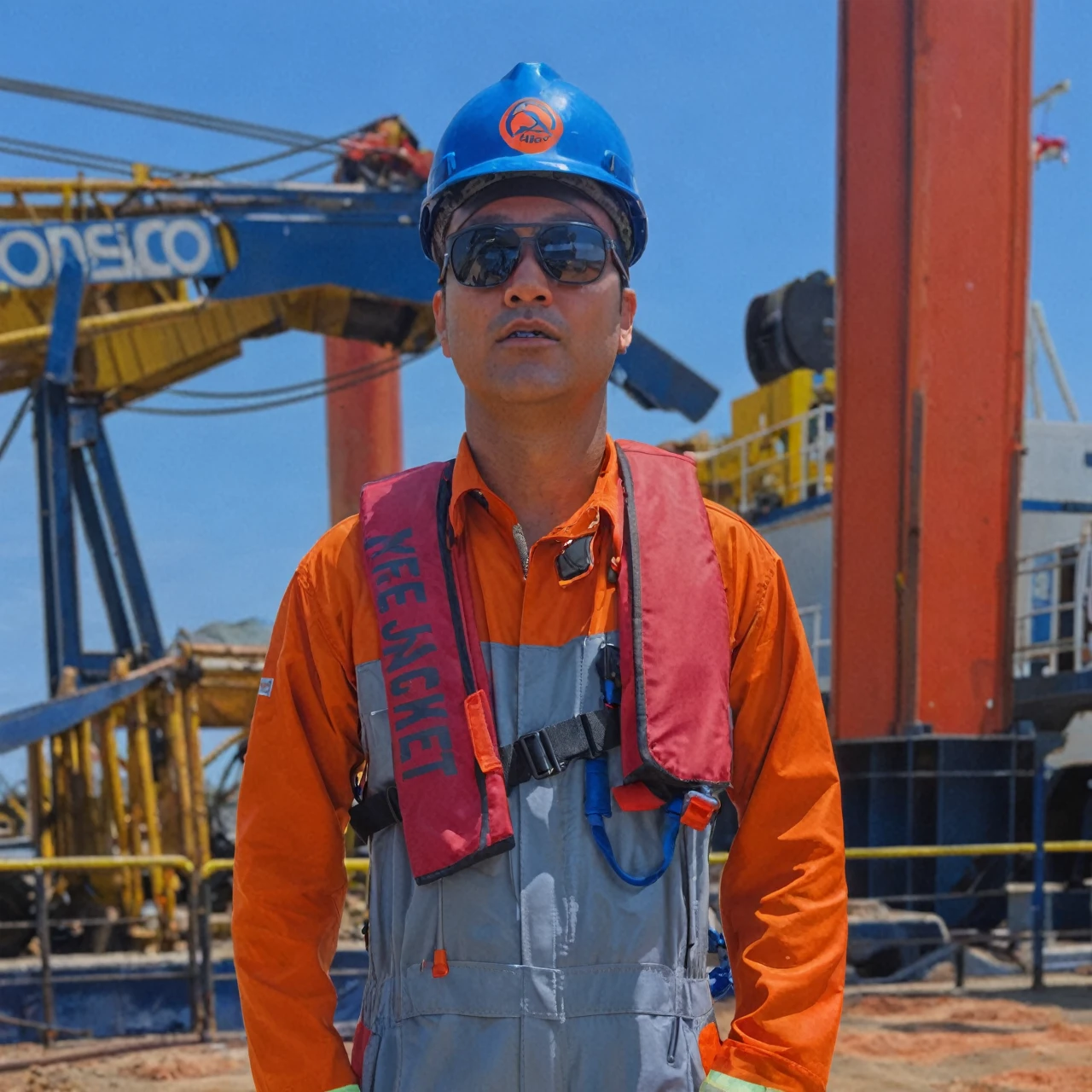 real photo of a man standing wearing a combination of gray and orange wearpack, wearing sunglasses, wearing a blue savety helmet, wearing a red live jacket