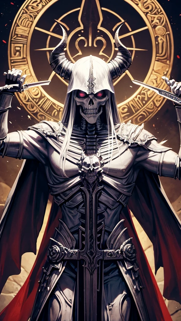 Ser imposing, Skeletal, demonic, With horns, with a sword drawn, God of Death, mictlantecuhtli, skeleton, armor, be powerful, Mexico, be mystical, lord of the underworld, god of the dead