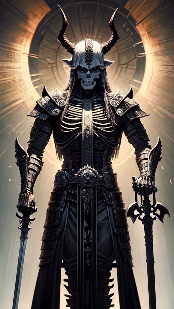 Ser imposing, Skeletal, demonic, With horns, with a sword drawn, God of Death, mictlantecuhtli, skeleton, armor, be powerful, Mexico, be mystical, lord of the underworld, god of the dead