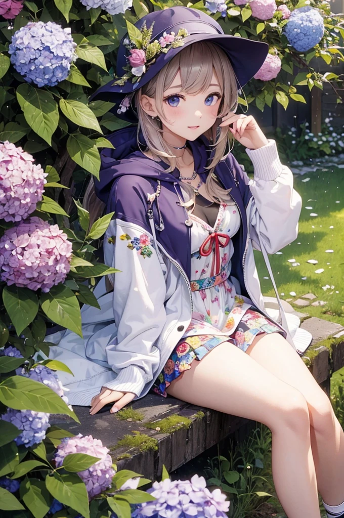 (Ultra high-res, masterpiece, best quality, ultra-detailed representation) ,Hydrangea Fairy,hoodie,shiny skin,tween,