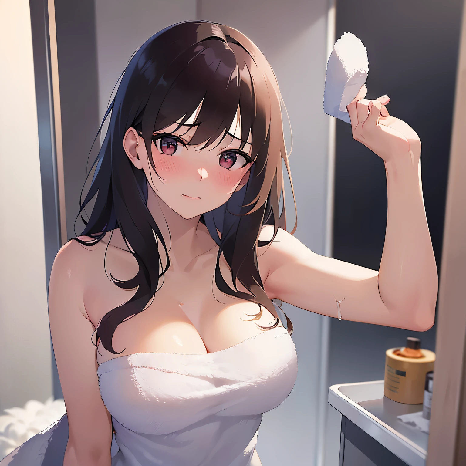 big breasts, naked towel, sweat,wet, armpits, (naked towel:1.4),(white towel:1.2),(fluffy towel:1.7),Upper Body, Realistic, real person, (pale skin: 1.2), RAW photo, photorealistic, portrait photography, shiny skin, shiny hair、(A 35-year-old woman with medium-length hair and bangs) and (wavy hair) and (brown hair) and (Orange Eyes), (embarrassed, blush:1.5), in bath dressing room, Alone、