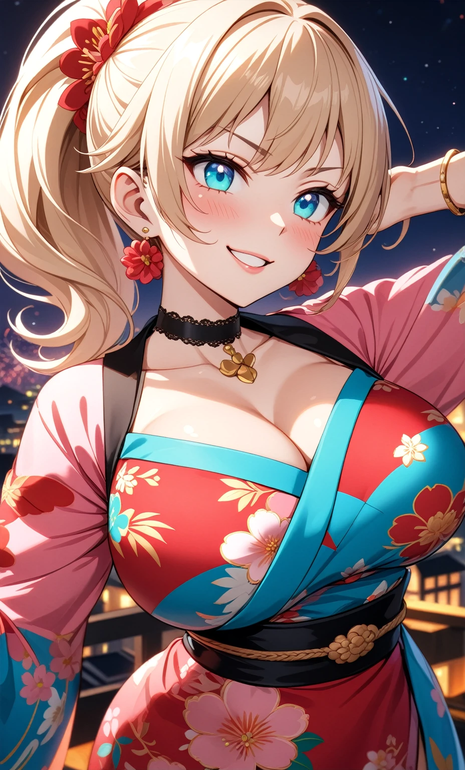 ((One personの女性)), Beautiful Face, ((smirk)),((Wink:1.95)), head tilt, Laugh with your mouth wide open,((Bright red cheeks:1.4)),Shiny red lips,night,rooftop,You can see the ocean, firework,Laughing with your mouth open,Glossy pink lips,Facial lighting,((Anime style background)),masterpiece, Highest quality, so beautiful,up to date, Complex details, (Pink long nails),(ring),(bracelet),(choker),AI-generated, Complex,High resolution, Highest quality, super high quality,3D Images、3D Images,One person,Long blonde hair,High Ponytail,(turquoise blue eyes),Anime woman posing for a photo, ((Fine grain、Colorful eyes、Shining Eyes:1.3)),(Squint your eyes:1.1),a hyperRealistic , hyperRealistic , Realistic,Anime woman with long white hair, Smooth anime CG art, A woman in a colorful kimono with gold embroidery, (Pink long sleeve kimono),Red floral pattern,Long flower hair ornament,Earrings,Mature Body,(Big Breasts:1.1),Tall,Abdominal muscles,Tight waist,(Zoom up to face:1.6),(dutch angle),(front view),