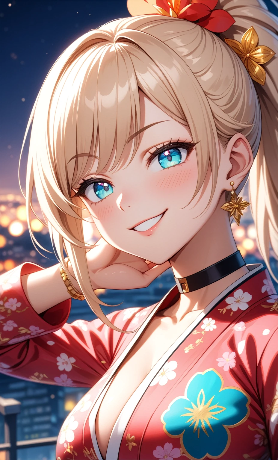 ((One personの女性)), Beautiful Face, ((smirk)),((Wink:1.95)), head tilt, Laugh with your mouth wide open,((Bright red cheeks:1.4)),Shiny red lips,night,rooftop,You can see the ocean, firework,Laughing with your mouth open,Glossy pink lips,Facial lighting,((Anime style background)),masterpiece, Highest quality, so beautiful,up to date, Complex details, (Pink long nails),(ring),(bracelet),(choker),AI-generated, Complex,High resolution, Highest quality, super high quality,3D Images、3D Images,One person,Long blonde hair,High Ponytail,(turquoise blue eyes),Anime woman posing for a photo, ((Fine grain、Colorful eyes、Shining Eyes:1.3)),(Squint your eyes:1.1),a hyperRealistic , hyperRealistic , Realistic,Anime woman with long white hair, Smooth anime CG art, A woman in a colorful kimono with gold embroidery, (Pink long sleeve kimono),Red floral pattern,Long flower hair ornament,Earrings,Mature Body,(Big Breasts:1.1),Tall,Abdominal muscles,Tight waist,(Zoom up to face:1.6),(dutch angle),(front view),