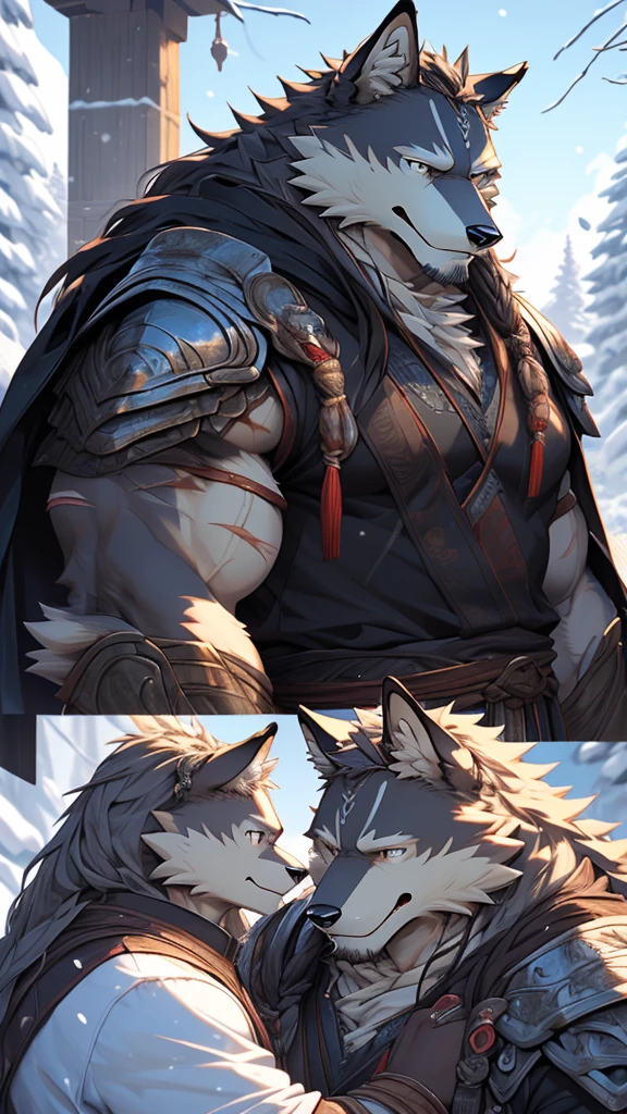 (photorealistic:1.4), 8k, (masterpiece), best quality, highest quality, (highly detailed fur:1.5), (detailed muscles:1.4), (detailed face:1.5), (realistic eyes), original, highres, unparalleled masterpiece, ultra realistic 8k, perfect artwork, grey wolf, male, middle aged, (general:1.2), armor, scars, (casual clothing:1.3), long hair, braided hair, white braids, cold northern environment, (snowy:1.2), (father and son bonding:1.4), (heartwarming interaction:1.3)
