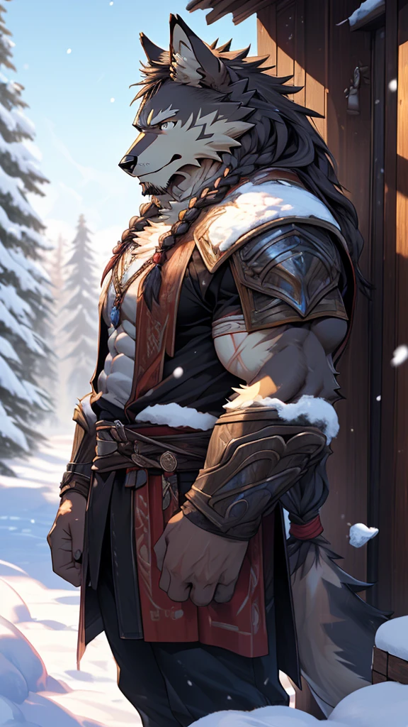 (photorealistic:1.4), 8k, (masterpiece), best quality, highest quality, (highly detailed fur:1.5), (detailed muscles:1.4), (detailed face:1.5), (realistic eyes), original, highres, unparalleled masterpiece, ultra realistic 8k, perfect artwork, grey wolf, male, middle aged, (general:1.2), armor, scars, (casual clothing:1.3), long hair, braided hair, white braids, cold northern environment, (snowy:1.2), (father and son bonding:1.4), (heartwarming interaction:1.3)