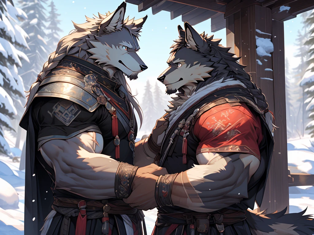 (photorealistic:1.4), 8k, (masterpiece), best quality, highest quality, (highly detailed fur:1.5), (detailed muscles:1.4), (detailed face:1.5), (realistic eyes), original, highres, unparalleled masterpiece, ultra realistic 8k, perfect artwork, grey wolf, male, middle aged, (general:1.2), armor, scars, (casual clothing:1.3), long hair, braided hair, white braids, cold northern environment, (snowy:1.2), (father and son bonding:1.4), (heartwarming interaction:1.3)