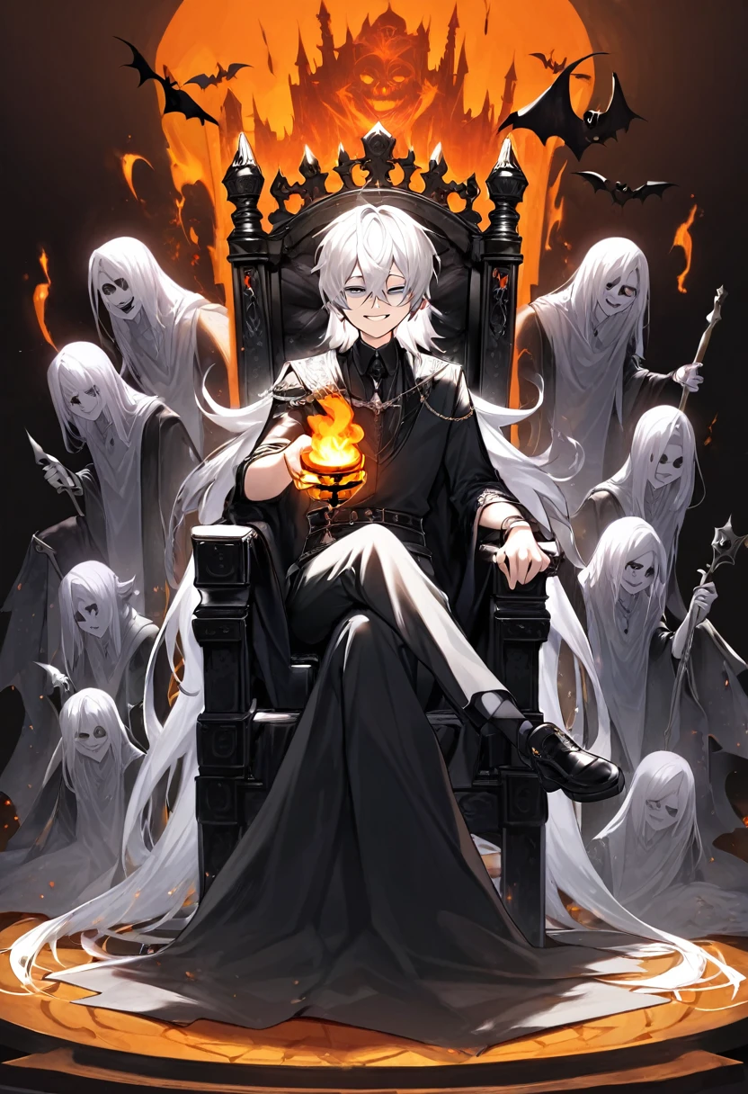 White white hair boy in a pitty smile face sitting in a black throne and his hand is holding a fire and theres in a abyss throne havong a hand on fire no shade and no man in the back and he leg is quit spread make tha background more black or spooky 