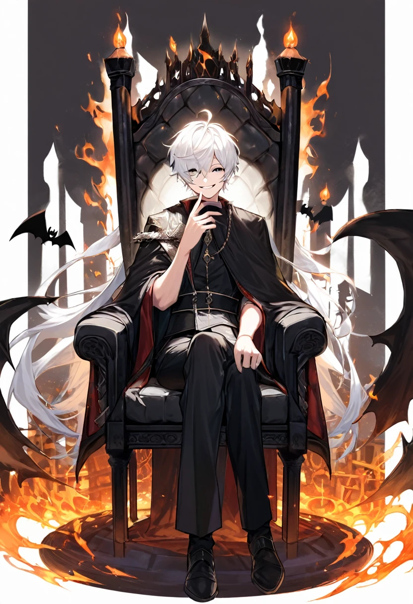 White white hair boy in a pitty smile face sitting in a black throne and his hand is holding a fire and theres in a abyss throne havong a hand on fire no shade and no man in the back and he leg is quit spread make tha background more black or spooky 