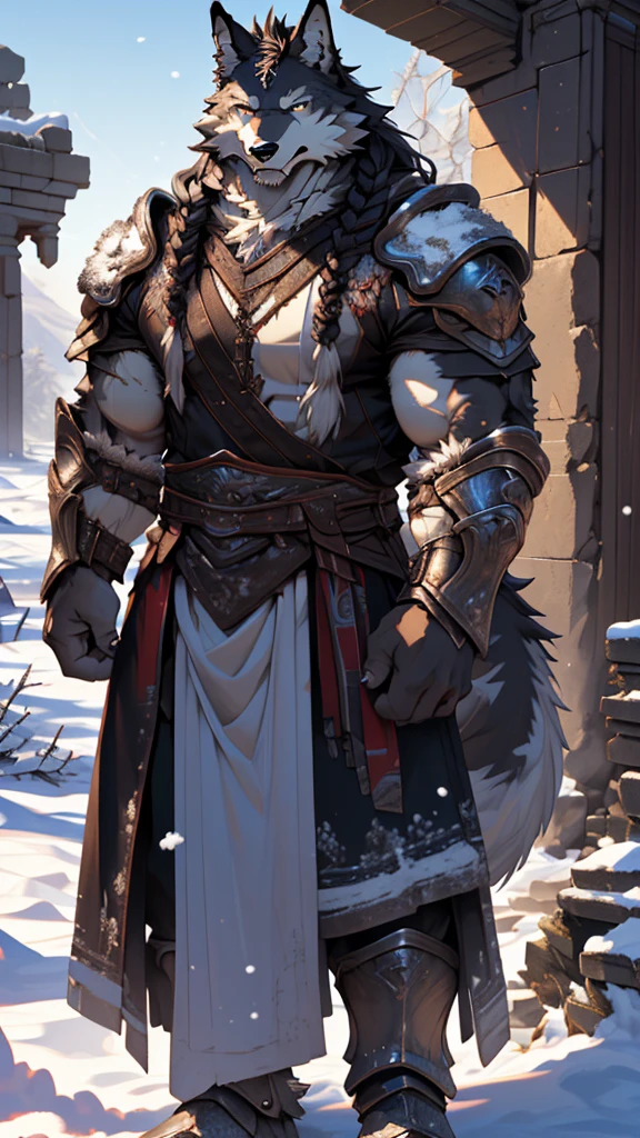 (photorealistic:1.4), 8k, (masterpiece), best quality, highest quality, (highly detailed fur:1.5), (detailed muscles:1.4), (detailed face:1.5), (realistic eyes), original, highres, unparalleled masterpiece, ultra realistic 8k, perfect artwork, grey wolf, male, middle aged, (general:1.2), armor, scars, long hair, braided hair, white braids, cold northern environment, (snowy:1.2), (ruins:1.3)