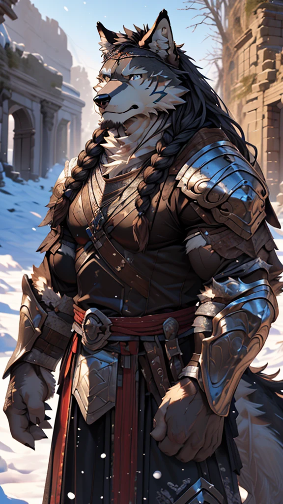 (photorealistic:1.4), 8k, (masterpiece), best quality, highest quality, (highly detailed fur:1.5), (detailed muscles:1.4), (detailed face:1.5), (realistic eyes), original, highres, unparalleled masterpiece, ultra realistic 8k, perfect artwork, grey wolf, male, middle aged, (general:1.2), armor, scars, long hair, braided hair, white braids, cold northern environment, (snowy:1.2), (ruins:1.3)