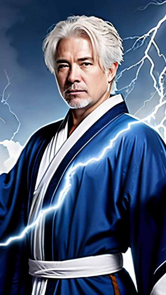 White-haired middle-aged man with lightning bolts in his hands, blue Daoist robes, strong