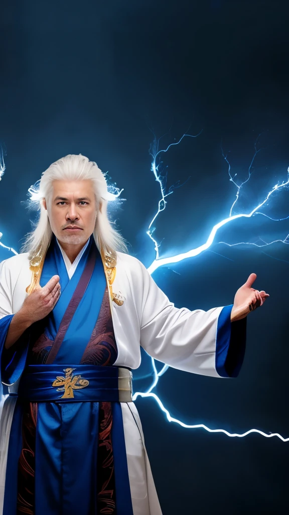 White-haired middle-aged man with lightning bolts in his hands, blue Daoist robes, strong