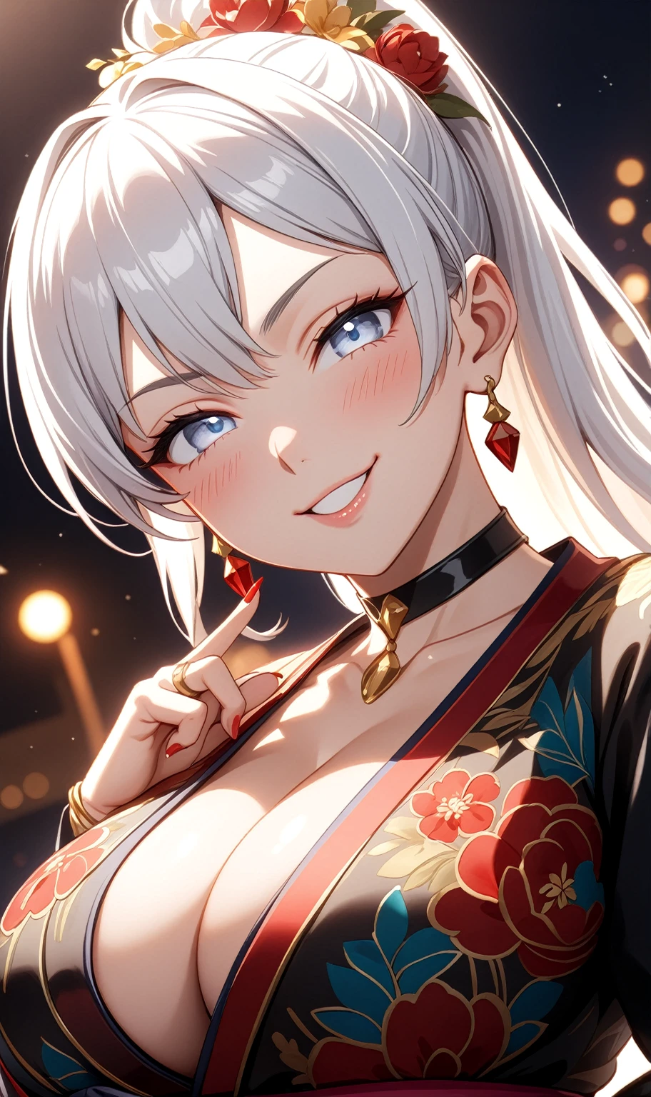 ((One personの女性)), Beautiful Face, ((smirk)), (head tilt), ((Wink:1.9)), Laugh with your mouth wide open,((Bright red cheeks:1.4)),Shiny red lips,night,coastal,You can see the ocean, firework,Laughing with your mouth open,Glossy pink lips,Facial lighting,((Anime style background)),masterpiece, Highest quality, so beautiful,up to date, Complex details, (Pink long nails), (4fingers and 1thumbs), (ring),(bracelet),(choker),AI-generated, Complex,High resolution, Highest quality, super high quality,3D Images、3D Images,One person,Long white hair,High Ponytail,(blue eyes),Anime woman posing for a photo, ((Fine grain、Silvery white colorful eyes、Shining Eyes:1.3)),(Squint your eyes:1.1),a hyperRealistic , hyperRealistic , Realistic,Anime woman with long white hair, Smooth anime CG art, A woman in a colorful kimono with gold embroidery, (Black long sleeve kimono),Red floral pattern,Long flower hair ornament,Earrings,Mature Body,(Big Breasts:1.1),Tall,Abdominal muscles,Narrow waist,(Zoom up to face:1.6)(dutch angle),(front view),