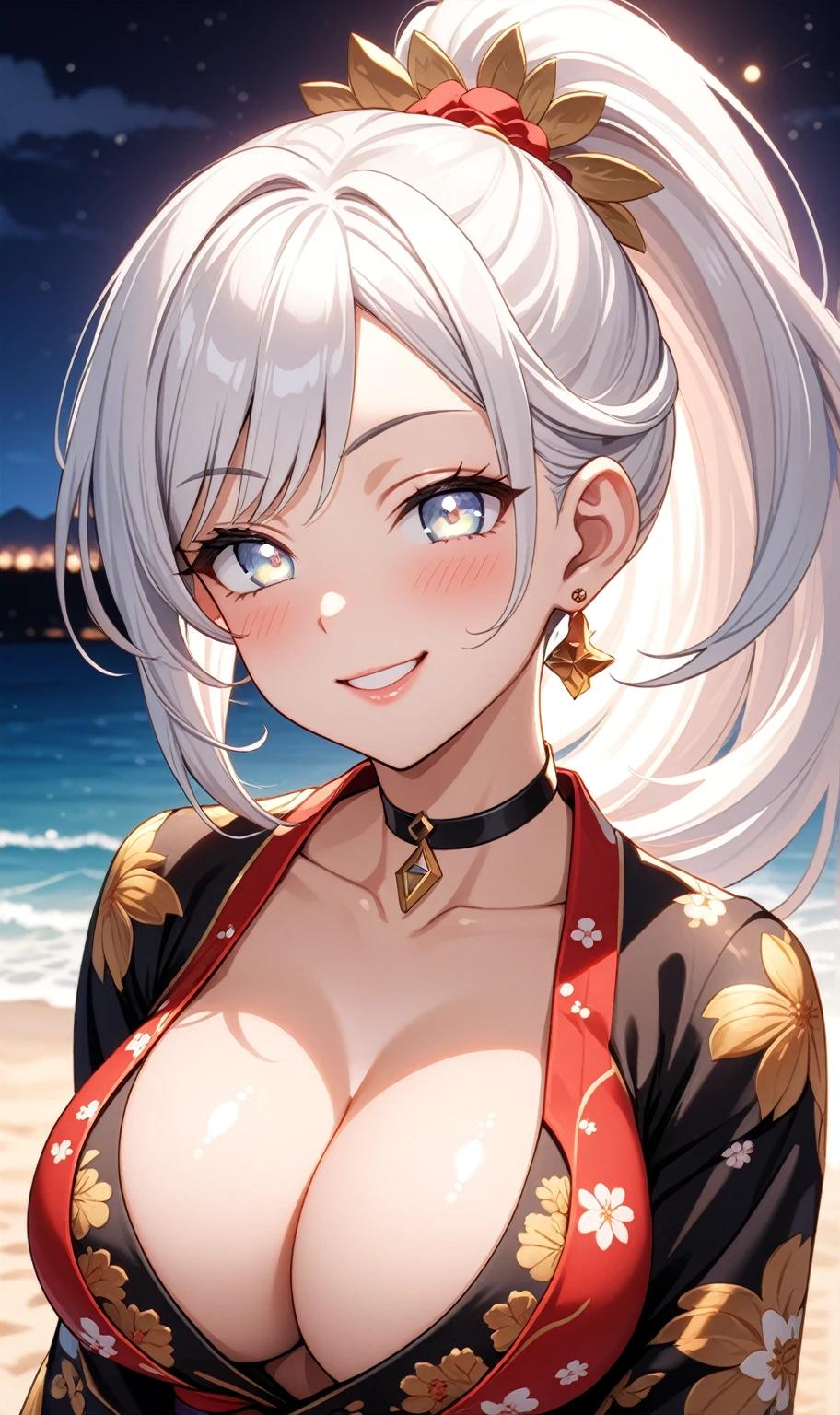 ((One personの女性)), Beautiful Face, ((smirk)), (head tilt), ((Wink:1.9)), Laugh with your mouth wide open,((Bright red cheeks:1.4)),Shiny red lips,night,coastal,You can see the ocean, firework,Laughing with your mouth open,Glossy pink lips,Facial lighting,((Anime style background)),masterpiece, Highest quality, so beautiful,up to date, Complex details, (Pink long nails), (4fingers and 1thumbs), (ring),(bracelet),(choker),AI-generated, Complex,High resolution, Highest quality, super high quality,3D Images、3D Images,One person,Long white hair,High Ponytail,(blue eyes),Anime woman posing for a photo, ((Fine grain、Silvery white colorful eyes、Shining Eyes:1.3)),(Squint your eyes:1.1),a hyperRealistic , hyperRealistic , Realistic,Anime woman with long white hair, Smooth anime CG art, A woman in a colorful kimono with gold embroidery, (Black long sleeve kimono),Red floral pattern,Long flower hair ornament,Earrings,Mature Body,(Big Breasts:1.1),Tall,Abdominal muscles,Narrow waist,(Zoom up to face:1.6)(dutch angle),(front view),