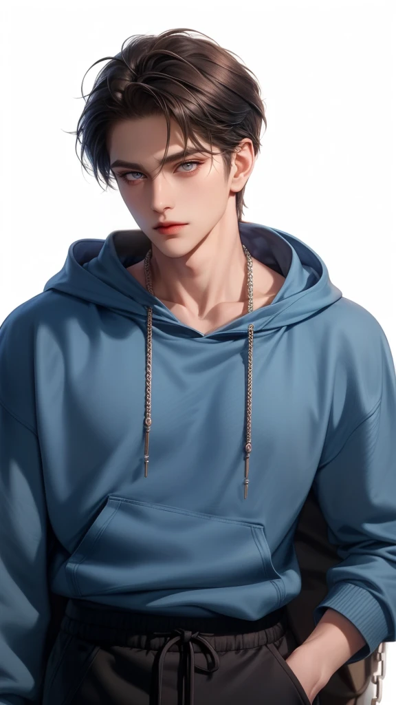 (masterpiece,best quality,Extremists_detailed,high resolution,absurd),1 adult male, No. 30, (Broad shoulders), (muscular), Male focus, Solitary,Brown soft hair, chain, Blue sweatshirt, No background, blue eyes, whole body, hoodie, short hair, Looking at the audience, Smiley Face, Open your mouth, Black wide-leg pants, Long sleeve, White background,, Jewelry.