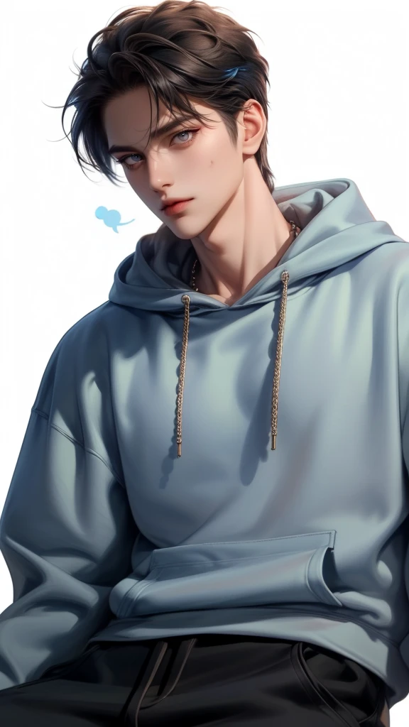(masterpiece,best quality,Extremists_detailed,high resolution,absurd),1 adult male, No. 30, (Broad shoulders), (muscular), Male focus, Solitary,Brown soft hair, chain, Blue sweatshirt, No background, blue eyes, whole body, hoodie, short hair, Looking at the audience, Smiley Face, Open your mouth, Black wide-leg pants, Long sleeve, White background,, Jewelry.