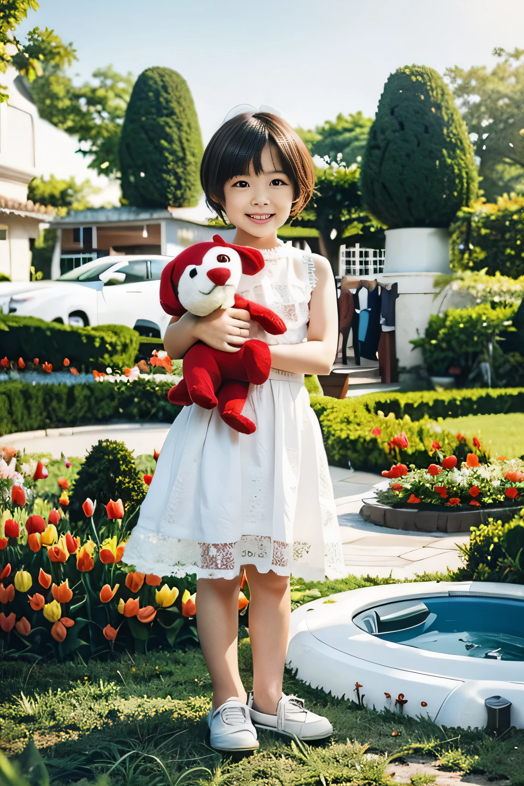 Highly realistic photo, ((masterpiece), (best quality), (raw photo), (photorealistic:1.4), Photo of a 6-year-old girl, short hair, wearing a white dress, ((sleeveless dress)), holding a red stuffed dog, ((real hands)), photo taken in a tulip Vietnam garden, ((standing on the grass)), photo taken by Sony A7IV
