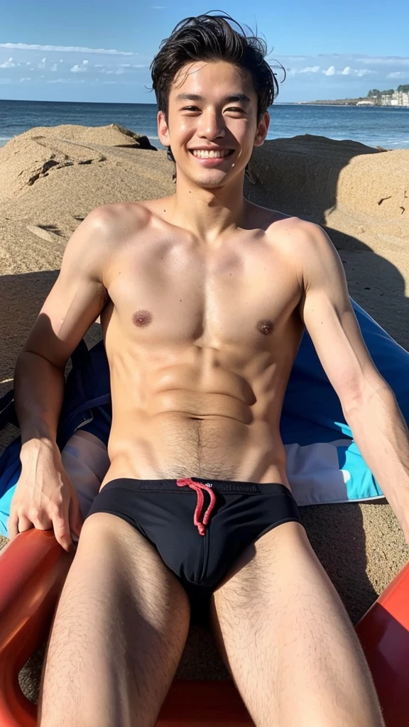 male Age 28 swimwear lifeguard topless smile
