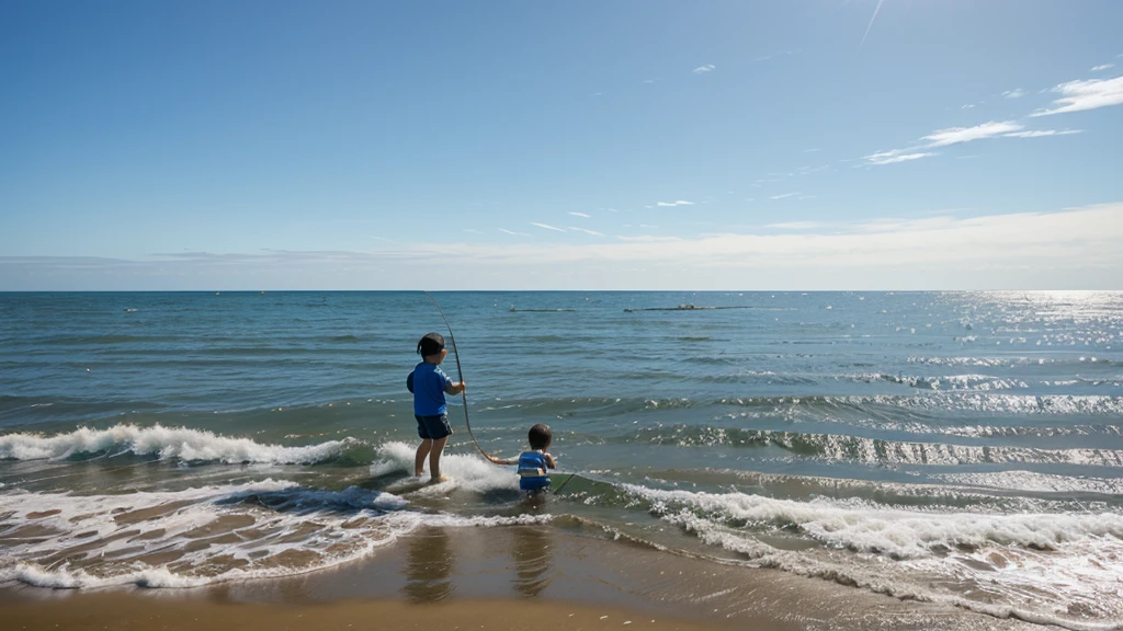 Close shot，Two  are fishing for pearls with a fishing net in the shallow sea，The beach is clear blue，sunny。There are waves