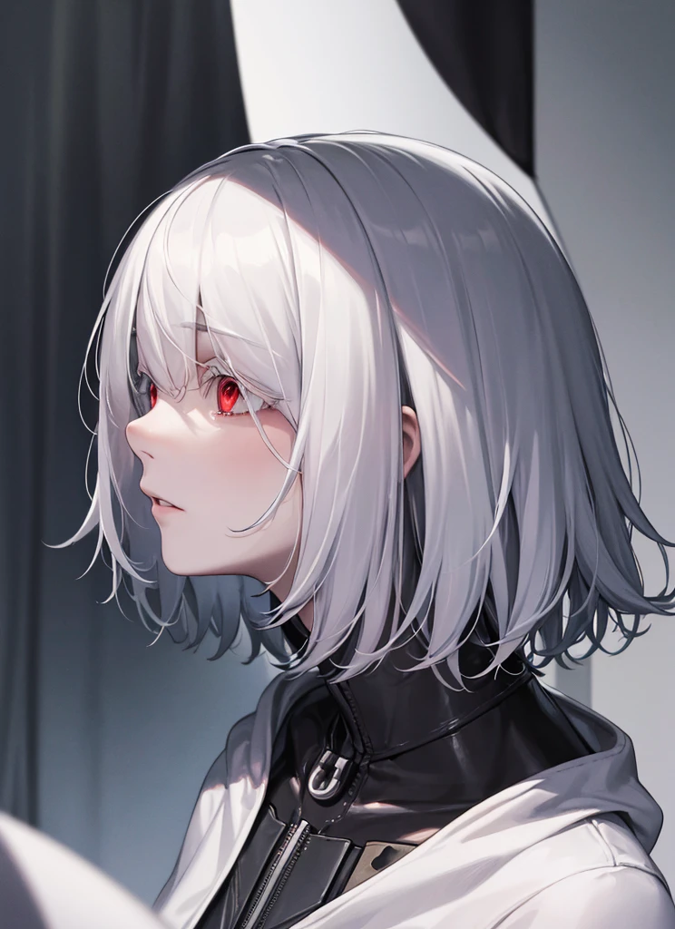 ((best quality)), ((highly detailed)), masterpiece, absurdres, (detailed eyes, deep eyes), cape, bodysuit, albino, white hair, short hair, red eyes, eyelashes, very pale skin, (((side, view portrait)))