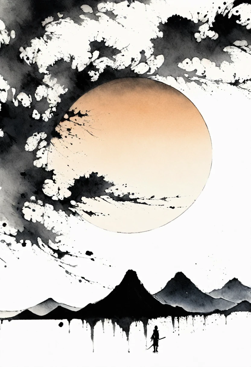 (Lots of white space:1.5),(Lots of white space around:1.6), White background, simple, Minimalism, abstract,Freehand,Aesthetic,black and white,Ink Painting,antiquity,sunrise,a mountain,A person far away