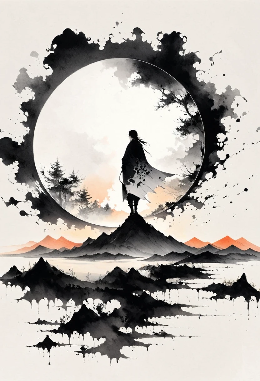 (Lots of white space:1.5),(Lots of white space around:1.6), White background, simple, Minimalism, abstract,Freehand,Aesthetic,black and white,Ink Painting,antiquity,sunrise,a mountain,A person far away