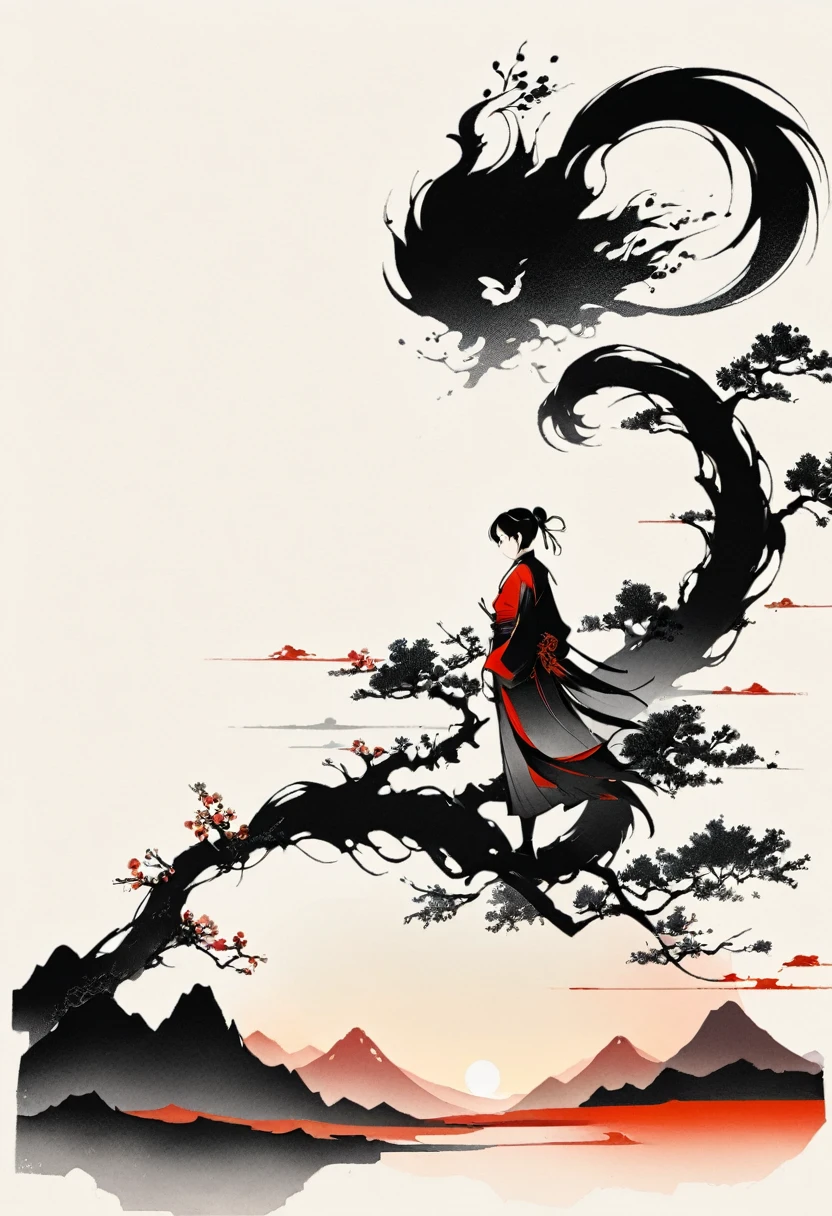 Artistic ink painting,Three-dimensional ink painting,Minimalism,Minimalist graphics,Minimal Art,Chinese anime girls,whole body,Chinese style,antiquity,Ink Painting,sunrise,Distant Mountains,Black and white background,古韵White Space,White Space,大面积White Space,Texture Matte,Low saturation,Minimalist composition,Master composition