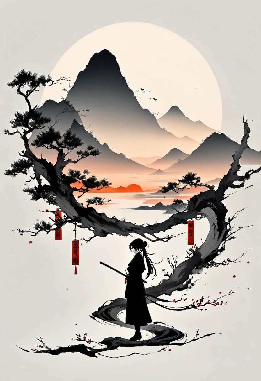 Artistic ink painting，Three-dimensional ink painting，Minimalism，Minimalist graphics，Minimal Art，Chinese anime girls，whole body，Chinese style，antiquity，Ink Painting，sunrise，Distant Mountains，Black and white background，古韵White Space，White Space，大面积White Space，Texture Matte，Low saturation，Minimalist composition，Master composition