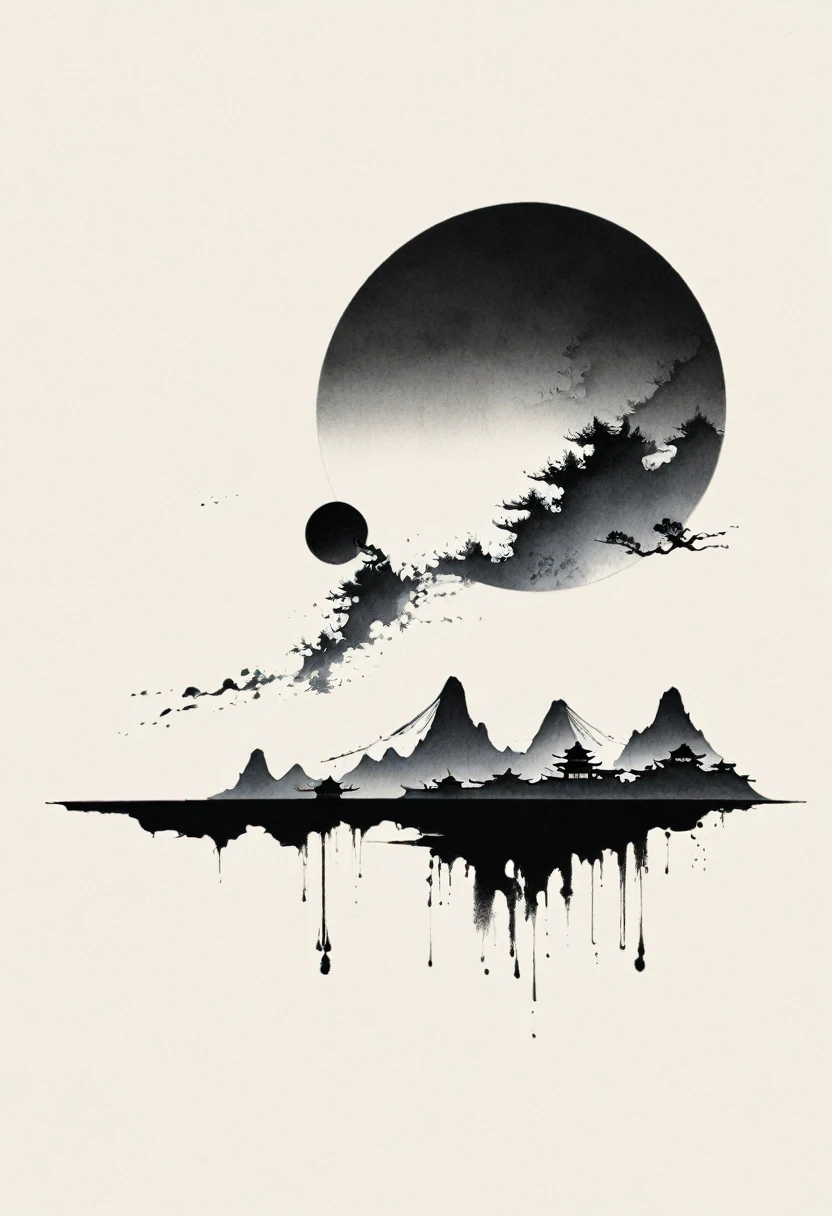 Artistic ink painting,Three-dimensional ink painting,Minimalism,Minimalist graphics,Minimal Art,Chinese anime girls,whole body,Chinese style,antiquity,Ink Painting,sunrise,Distant Mountains,Black and white background,古韵White Space,White Space,大面积White Space,Texture Matte,Low saturation,Minimalist composition,Master composition