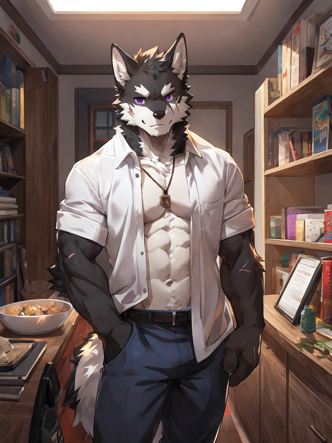 embedding:black wolf, male,purple eyes,Scar on the face, scar on the body,Single person，The fur on the chest and abdomen is white.Inside the apartment,Elder brother.Modern apartment, clean and tidy.casual Shirt，Casual pants,A mild expression,Maturity,The highest quality of scene detail,adult,Tall and powerful,muscle，Best quality hands, best quality eye，detailed fur，Delicate eyes.Extreme picture quality，by sollyz,by zixiong,by milkytiger1145