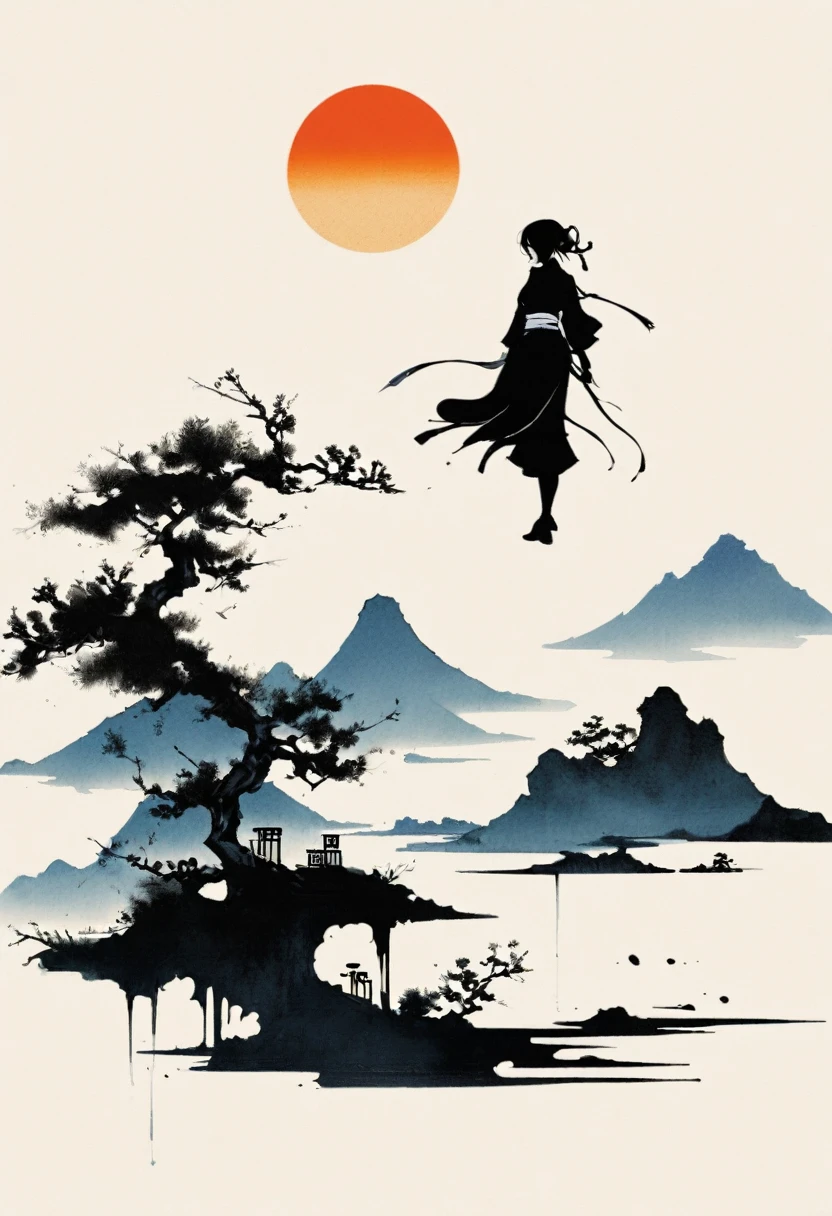 Artistic ink painting，Three-dimensional ink painting，Minimalism，Minimalist graphics，Minimal Art，Chinese anime girls，whole body，Chinese style，antiquity，Ink Painting，sunrise，Distant Mountains，Black and white background，古韵White Space，White Space，大面积White Space，Texture Matte，Low saturation，Minimalist composition，Master composition