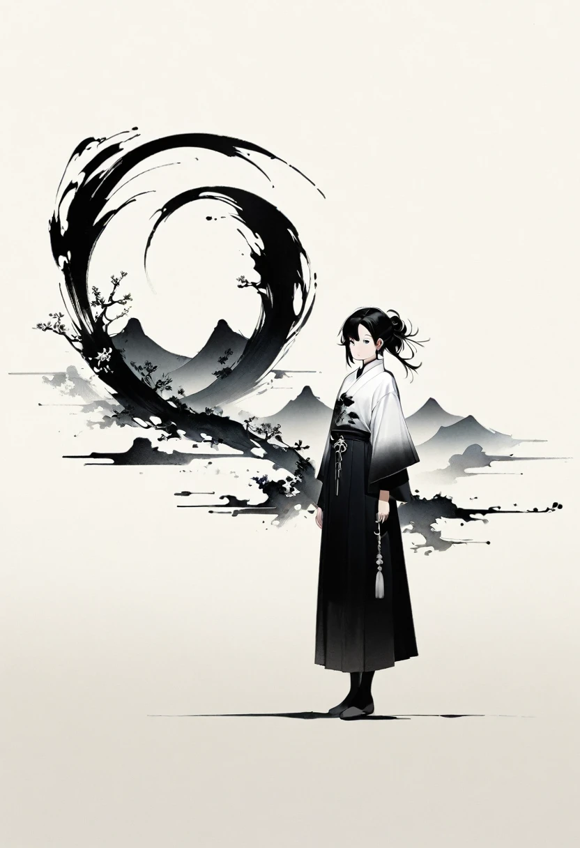 Artistic ink painting,Three-dimensional ink painting,Minimalism,Minimalist graphics,Minimal Art,Chinese anime girls,whole body,Chinese style,antiquity,Ink Painting,sunrise,Distant Mountains,Black and white background,古韵White Space,White Space,大面积White Space,Texture Matte,Low saturation,Minimalist composition,Master composition