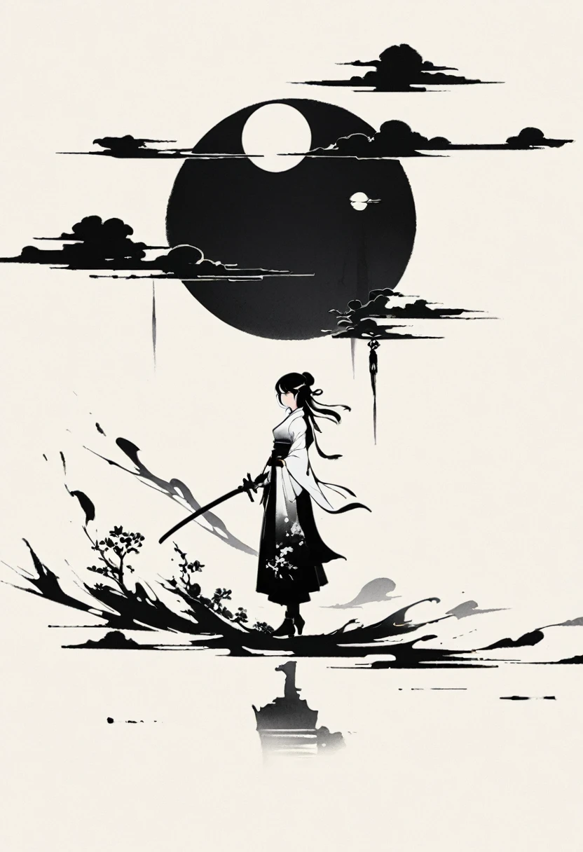 Artistic ink painting，Three-dimensional ink painting，Minimalism，Minimalist graphics，Minimal Art，Chinese anime girls，whole body，Chinese style，antiquity，Ink Painting，sunrise，Distant Mountains，Black and white background，古韵White Space，White Space，大面积White Space，Texture Matte，Low saturation，Minimalist composition，Master composition