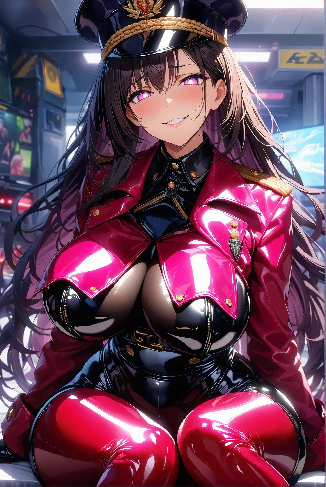 ultra-detailed, Explicit, Beautiful body, Beautiful Nose, Beautiful character design, perfect eyes, perfect face, ultra highres, 4K, beautiful legs, perfect legs, Nice hands, Perfect hand, Masterpiece, Best Quality, Highly detailed, illustration, absurdres, perfect anatomy, street fighter, doll suit, shadaloo doll, dollsuit, expressionless, blank eyes, looking at viewer, red gloves, emotionless, black latex, corrution, mind control, female combatant, full body, hypnotized, unhappy trance, full body suit, ribbed bodysuit, both arms at side, obey, perfect female body, extremely glossy latex, hypnosis, hypnoLora, empty eyes, Mind control device, poses, submissive_pose, Slave, kneeling straight,  kneeling down, kneeling down at attention, hat, necktie, belt, latex, ribbed bodysuit, thighhighs, garter belt, Fighting Stance, extending the right arm from the shoulder into the air with a straightened hand, military, thigh boots, black pantyhose, (((pixel-perfect, detail-perfect))), solo, 1girl, hair ornaments, long hair, black hair, hair ribbon, yellow eyes, Scarecrow, Girls' Frontline, medium breast, twin tails, Scarecrow, sangvis ferri, from above, looking from above, view from above
