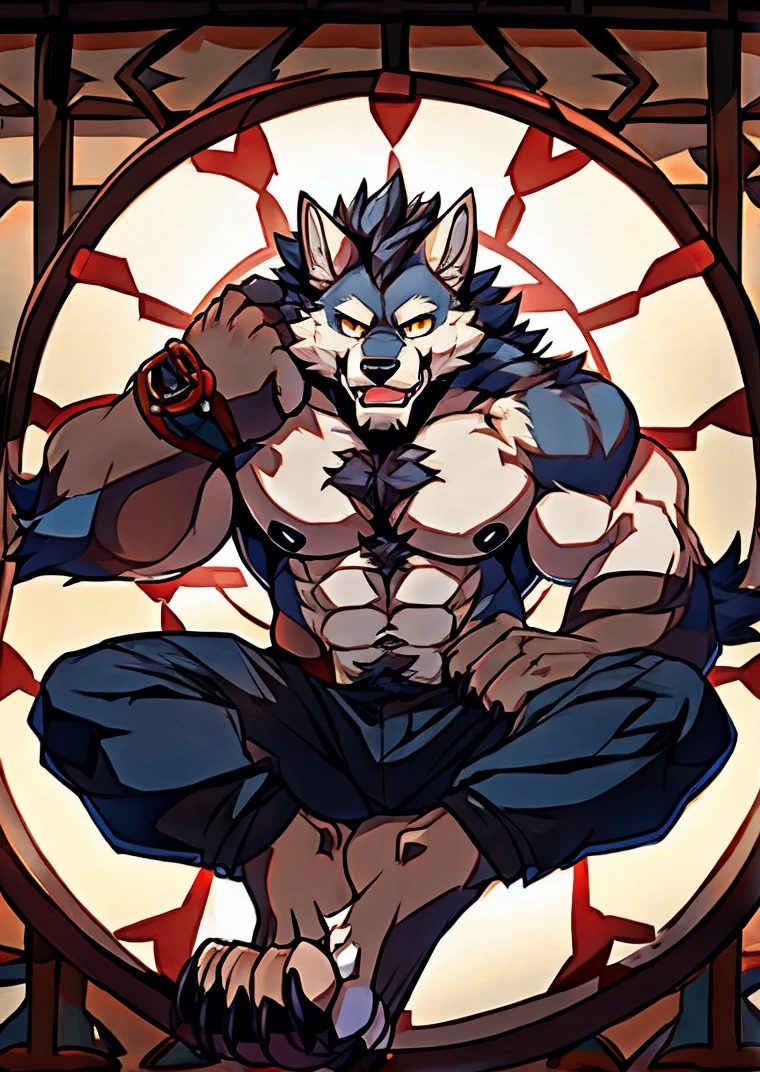 Diederich, male, wolf, long red hair, red fur, muscular, red hairy chest, hands on crotch, masturbating, side view, round butt, tail, sitting down, naked, fully naked, nudity, hd 8k, happy