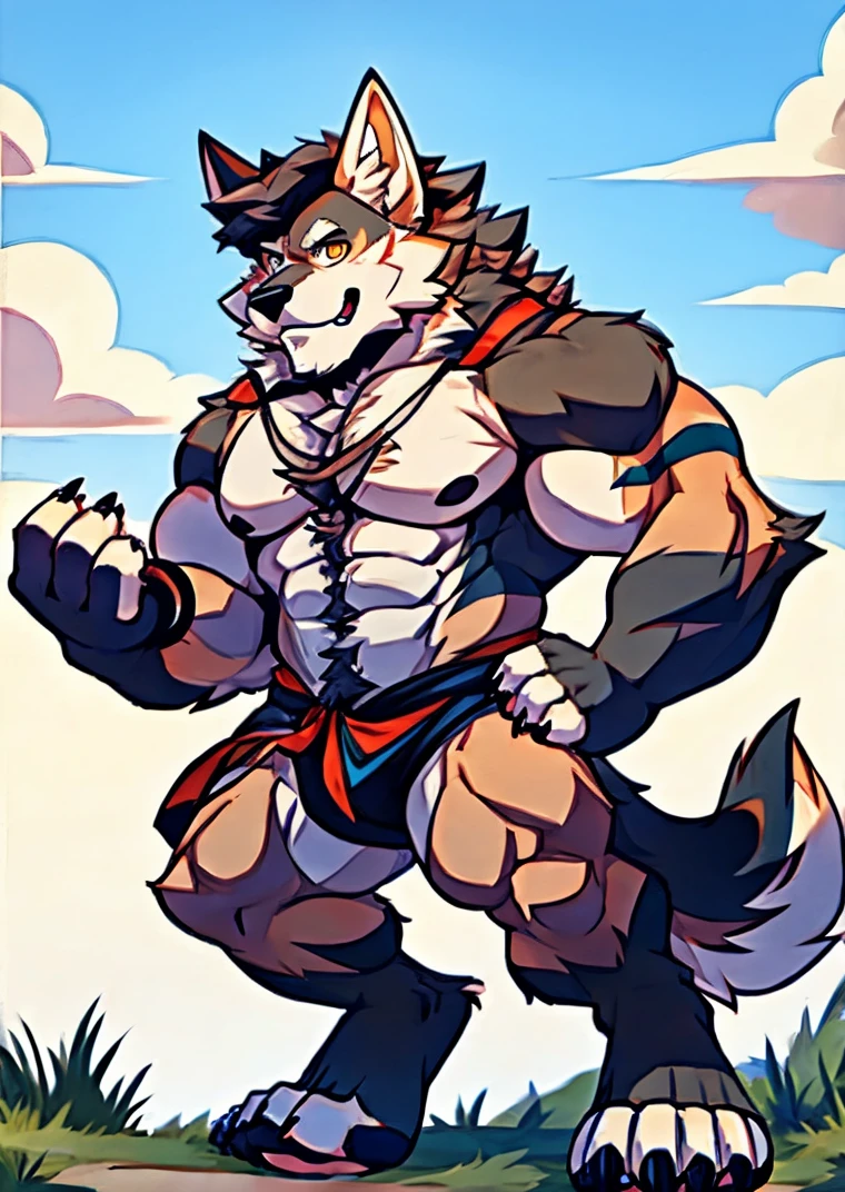 Human-wolf,musculous,Hairy all over,clawed paws,erect through
