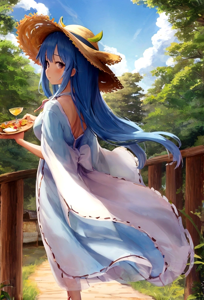 Ghibli style　Straw hat　girl　Back view　Summer sky