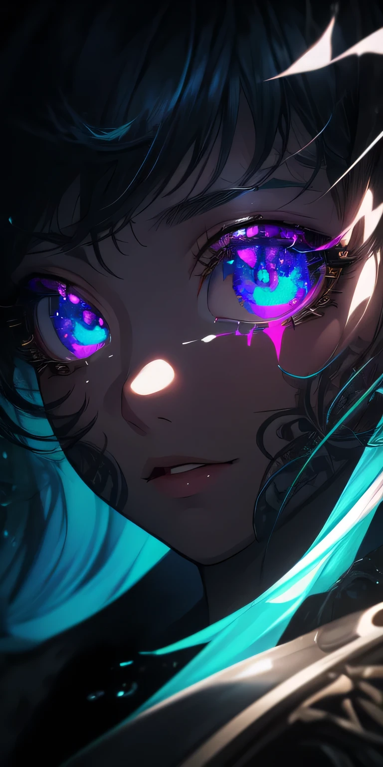 (Masterpiece:1.2, best quality),(Colored background) (Beautiful eyes with exquisite details: 1.2), (วอลล์เปเปอร์ CG unity 8k ที่very detailed, Masterpiece, best quality, very detailed, best shadow), (Detailed background), (faceที่มีรายละเอียดสวยงาม, Beautifully detailed eyes), high contrast, (best lighting, Delicate and extremely beautiful),1 girl,((Colorful paint splashes on a transparent background., Dulux,)), Dynamic angle,Beautiful glowing details,face, Cowboy Shot, white hair, purple eyes,looks scary, Broken picture