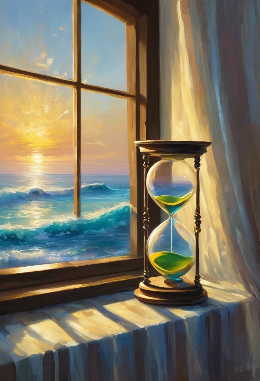 An oil painting,Great view from the window,sunrise,Ocean,horizon,peaceful,An hourglass is placed on the windowsill
