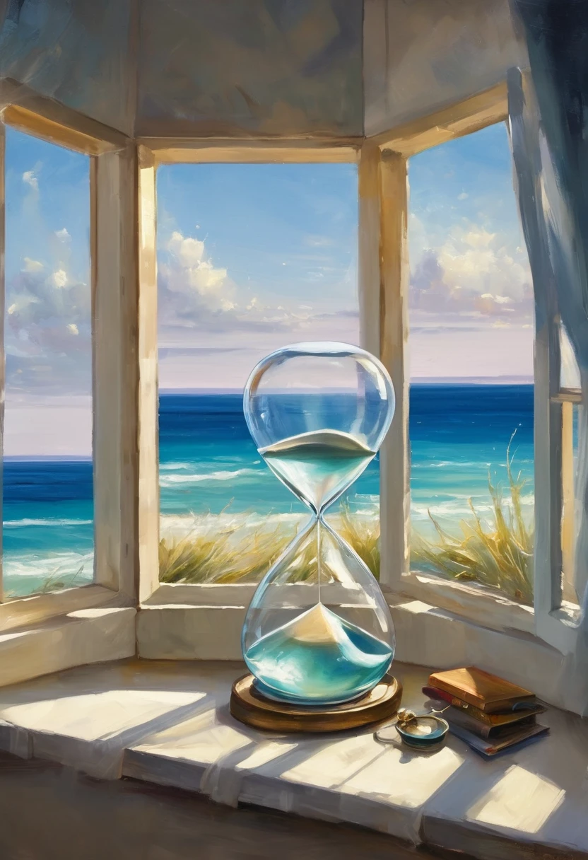 An oil painting，Great view from the window，sunrise，Ocean，horizon，peaceful，An hourglass is placed on the windowsill